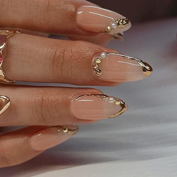 Gold Highlight French Tip Press on Nails Almond - Medium Size (Smart Chip Not included)