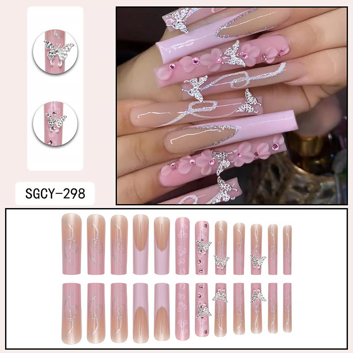 Long Pink Butterly Square Tip Press on Nails (Smart Chip Not Included)