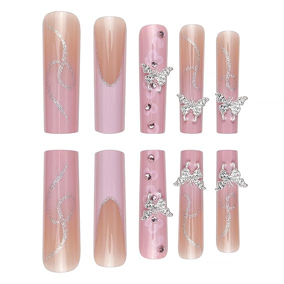 Long Pink Butterly Square Tip Press on Nails (Smart Chip Not Included)