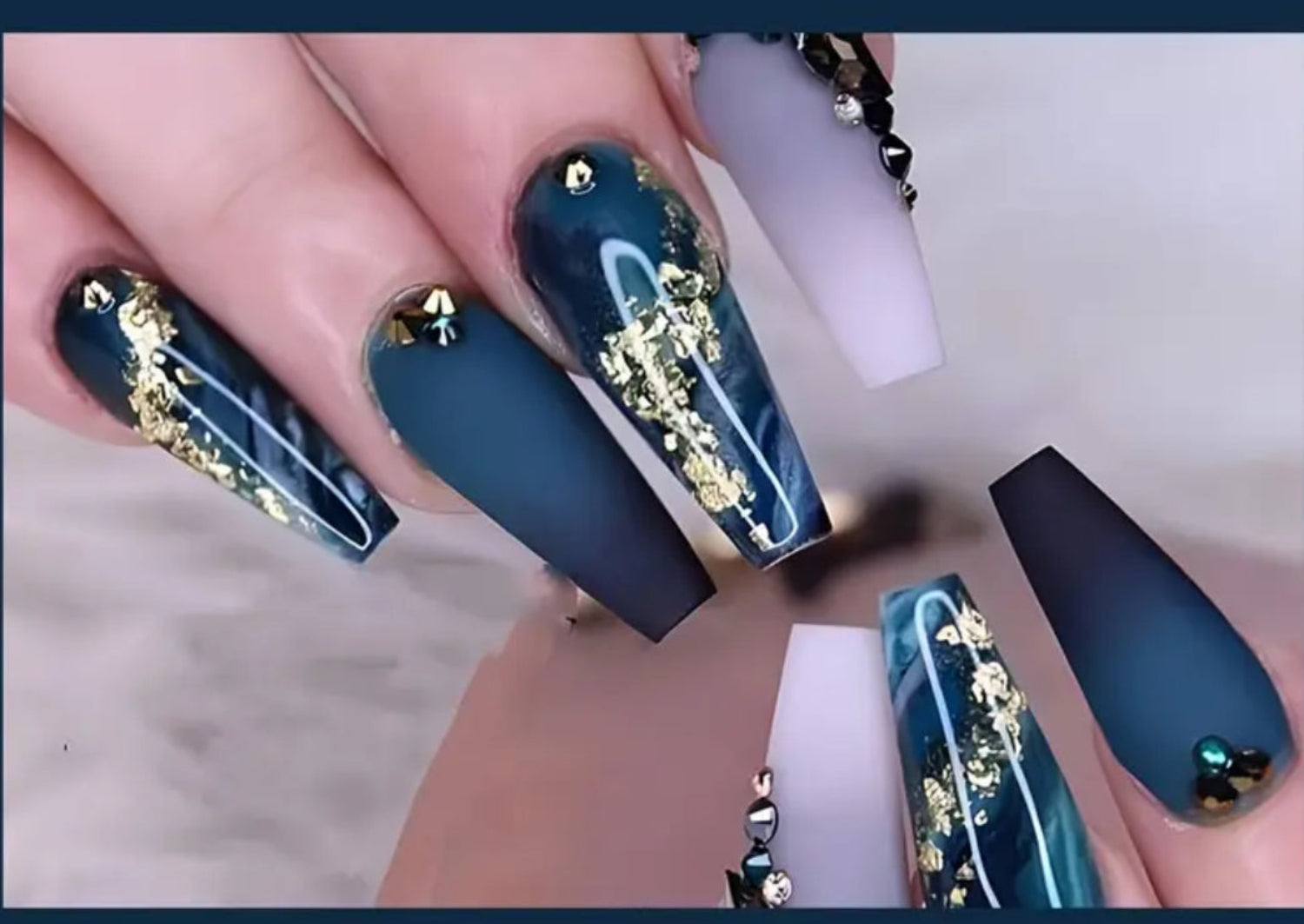 Navy and Gold Marble Coffin Shape Long Length Press On (Smart Chip Not Included)